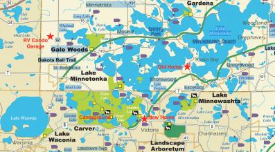 Our Area Map of the Lake Minnetonka area west of Minneapolis, MN showing lakes, public boat launches, parks, and regional bike trails.